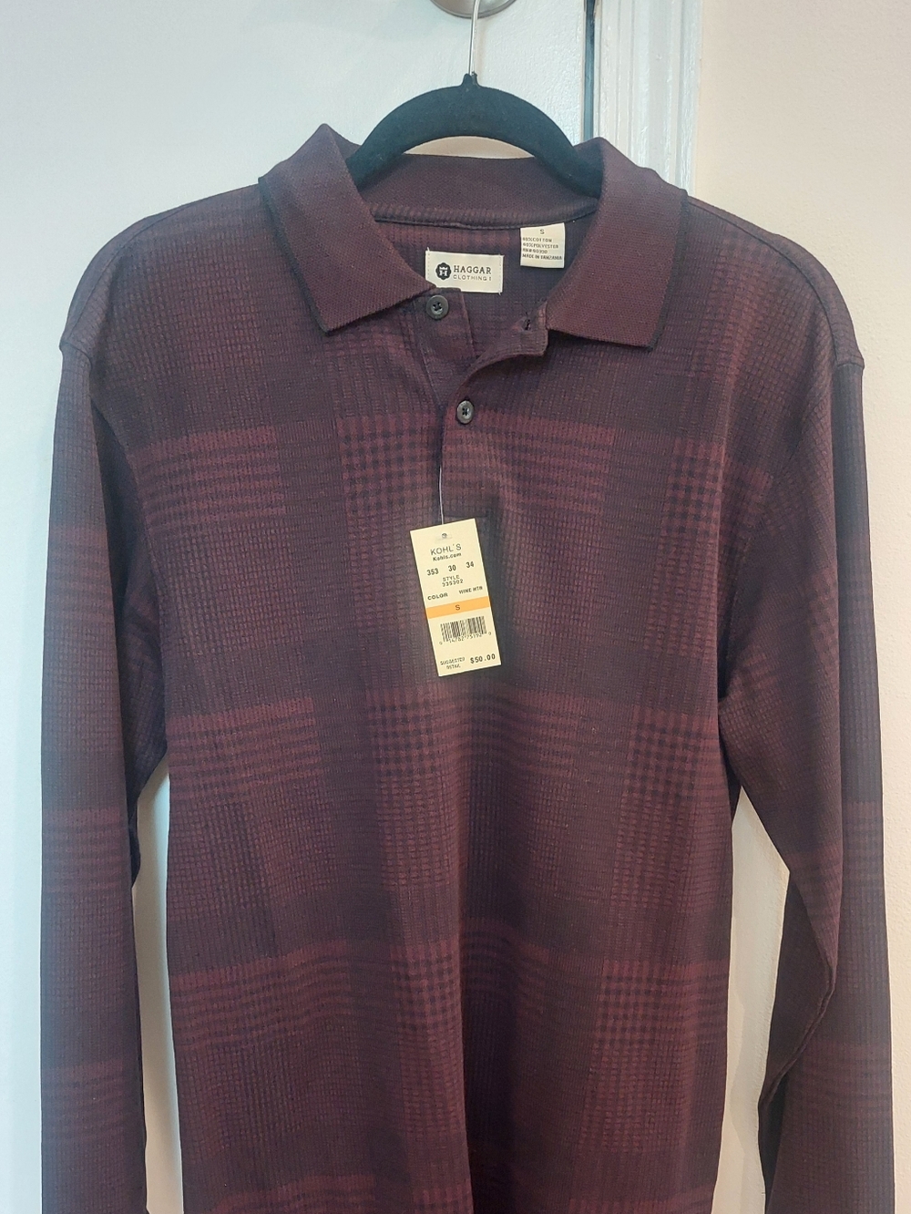 Haggar Men's Burgundy Plaid Long-Sleeve Polo